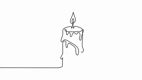 Single wax candle with flame and leakeds in style of one continuous line Stock Footage 109362144
