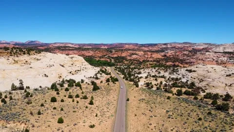Single white car driving towards camera in Utah desert landscape, sunny Stock Footage 257422412