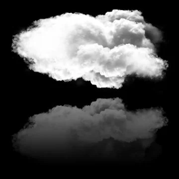 Single white fluffy cloud and its reflection isolated over black background Stockillustratie