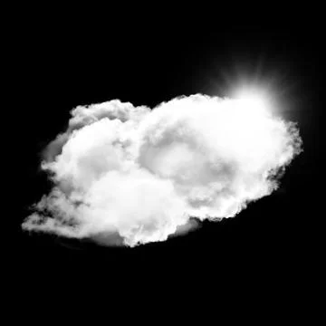 Single white fluffy cloud with sun behind it isolated over black background 스톡 일러스트