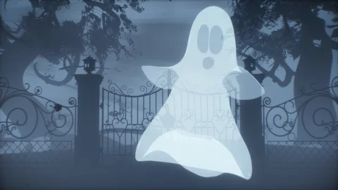 Single white ghost dancing at cemetery. Haunting Halloween animation of Vidéo 316678001