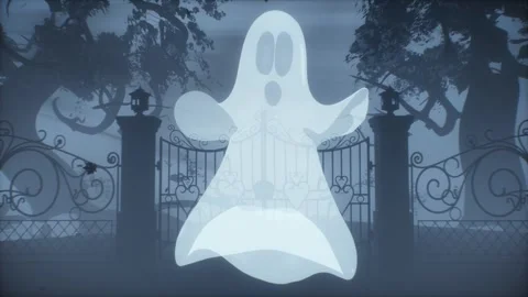 Single white ghost dancing at cemetery. Haunting Halloween animation of Vídeo Stock 316678023