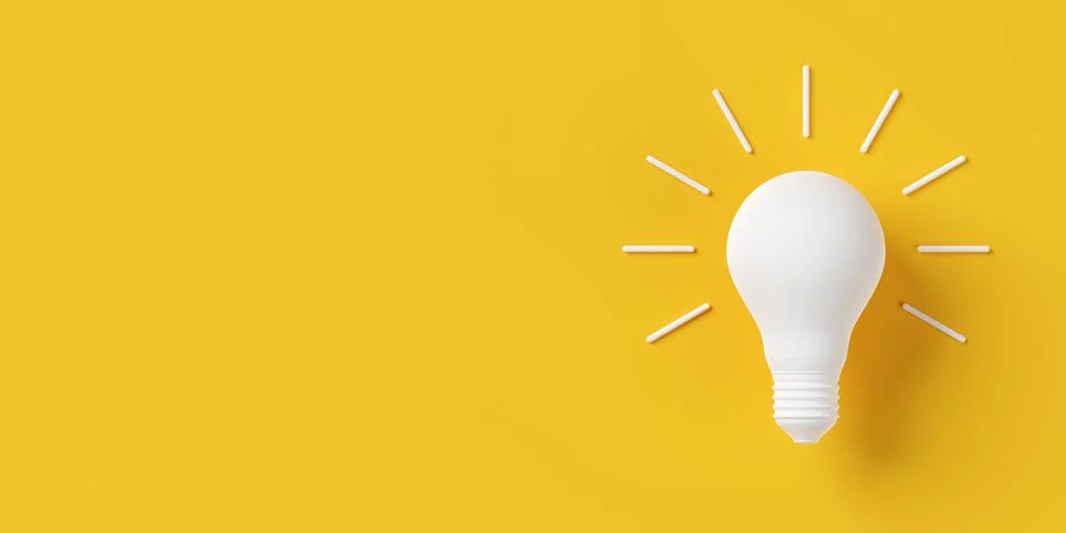 Single white light bulb over yellow background with rays, energy, idea or inn Illustrazione stock
