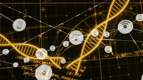 Single white node appearing near gold helix, nodes emerging and linking, hub Stock Footage 331048333