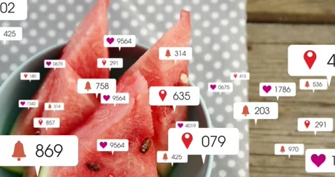 Single white ping appearing, pings flooding over watermelon bowl, showing social Stock Footage 331570789