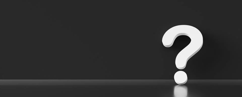Single white question mark sign on dark grey room background with copy space, Stock Illustration