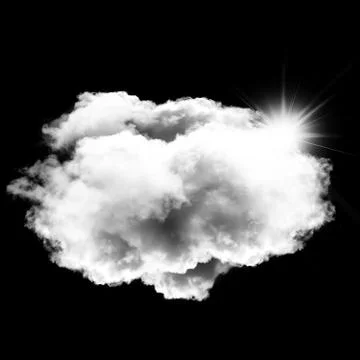Single white round cloud with bright sun behind it isolated over black backgr Stockillustratie