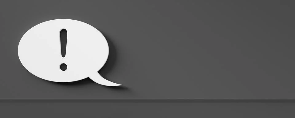 Single white speech bubble with exclamation mark on dark grey room background Stock Illustration