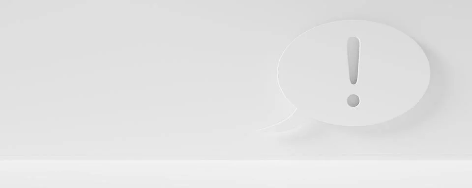 Single white speech bubble with exclamation mark on bright white room backgro Stock Illustration