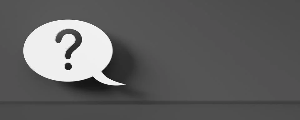 Single white speech bubble with question mark on dark grey room background wi Stock Illustration