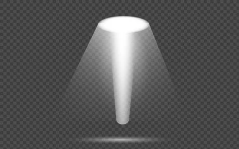 Single white spotlight with glowing beam on transparent background Illustrazione stock