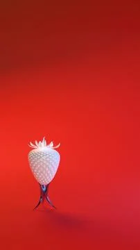 Single white strawberry upright on red background.... Stock Illustration
