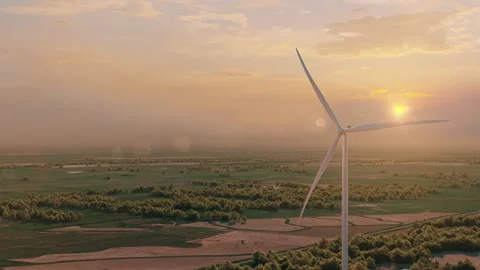 Single wind power station from above in a sunset or sunrise environment Stock Footage 252093486