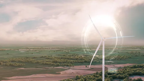 Single Windpower Station with digital layer in sunny day with camera movment Stock Footage 252373204
