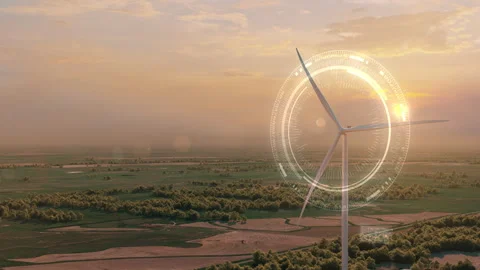 Single Windpower Station with digital layer in sunrise with camera movement Stock Footage 252374814