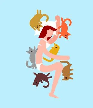 Single woman sharing the bed with multiple cats. Illustration of loneliness.. Stock Illustration
