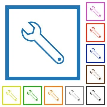 Single wrench outline flat framed icons 스톡 일러스트