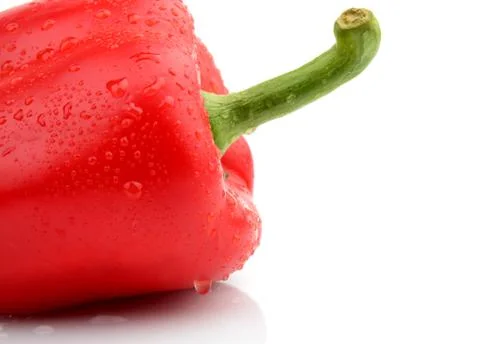 Single,one wet red pepper close-up with tail isolated on white background Stock Photos