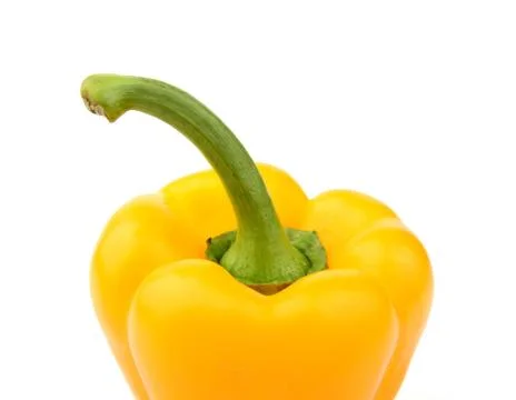 Single,one yellow pepper close-up view from top with tail isolated on white b Stock Photos