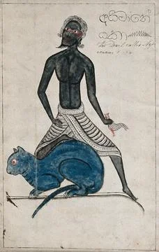 A Sinhalese black devil called Ayimane holding a cockerel in one hand and r.. Stock Illustration