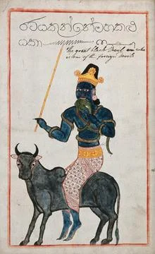 A Sinhalese great black devil sitting on a black cow or ox, eating an eleph.. Stock-Illustration