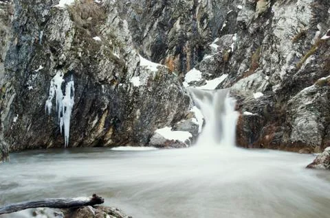 Sini Vir waterfall, Winter view of Emerald lake near Medven, Bulgaria Stock Photos