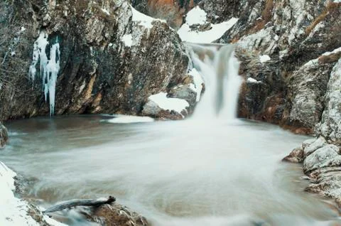 Sini Vir waterfall, Winter view of Emerald lake near Medven, Bulgaria Stock Photos