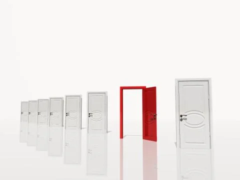 Sinigle open red door in of several white doors white space Stock Illustration
