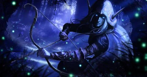 A sinister archer, a dark elf in a hood, looks sternly with her blue magic ey Stock Illustration