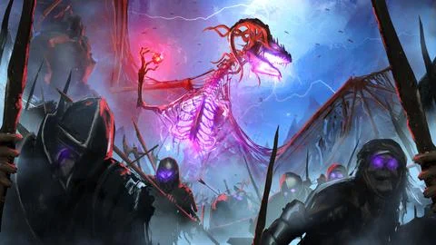 A sinister bone dragon with a red crystal in his hand raises an army of dead  Stock Illustration