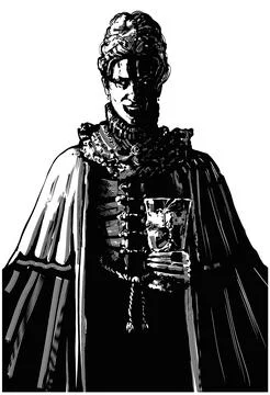 Sinister Countess vampire in retro clothes, eerily smiling showing his sharp  Illustration