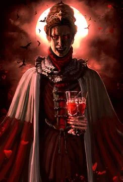 Sinister Countess vampire in retro clothes, eerily smiling showing his sharp  Illustration