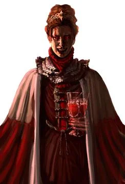 Sinister Countess vampire in retro clothes, eerily smiling showing his sharp  Illustration