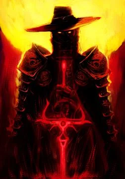 A sinister demon warrior in a hat and plate armor against the backdrop of a h Stock Illustration
