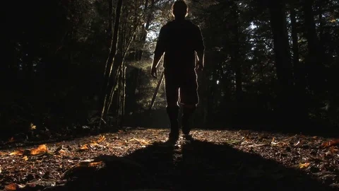 Sinister Man Walking Through Forest Toward You Stock Footage 81751407