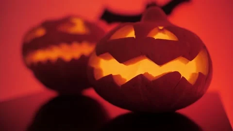 Sinister pumpkins on Halloween, bat in the background Stock Footage 164279705
