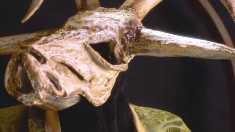Sinister Ritual: Devil with Cow Skull Head Conjuring in Darkness Stock Footage 252582843