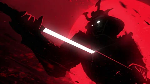 A sinister samurai in a helmet slowly pulls out his shiny katana against the bri Stock Footage 237986504