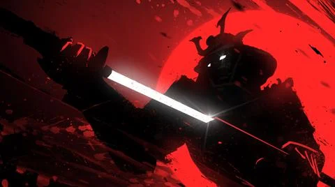 A sinister samurai in a helmet slowly pulls out his shiny katana against the  Illustration