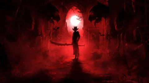 A sinister warrior in a hat and jacket with a huge serrated sword stands in a Stock Illustration