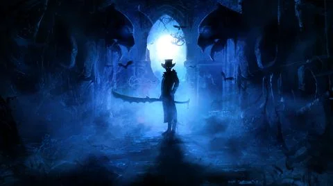 A sinister warrior in a hat and jacket with a huge serrated sword stands in a Stock Illustration
