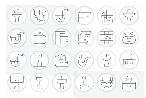 Sink Vector Icon Toolkit featuring 24 Display Perfect 64x64 Thin Line element Stock Illustration