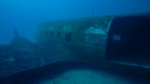 Sinked Plane Wreck on the Bottom Deep Sea Stock Footage 124203662