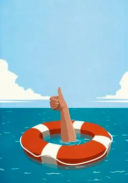 Sinking man below life ring gesturing thumbs up Stock Illustration