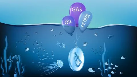 Sinking RUB coin hangs on gas, oil and gasoline balloons in ocean Stock Illustration