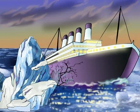 Sinking Ship and Iceberg in Atlantic Ocean Stock Illustration