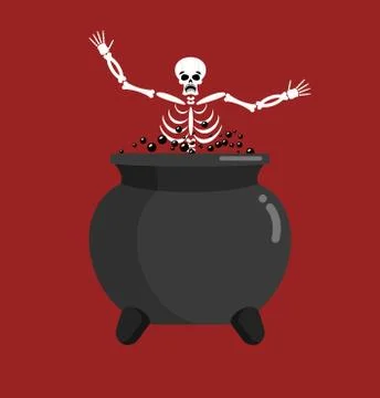 Sinner in boiler. Skeleton in pot. Cook for sinners in resin. Religion illu.. Illustrazione stock