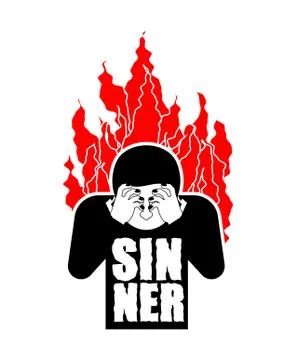 Sinner on fire. OMG. Cover face with hands. Despair and suffering. Hell fire. 스톡 일러스트