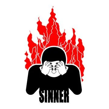 Sinner on fire. OMG. Cover face with hands. Despair and suffering. Hell fire. イラスト素材