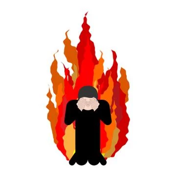 Sinner on fire. OMG. Cover face with hands. Despair and suffering. Hell fire. Illustrazione stock